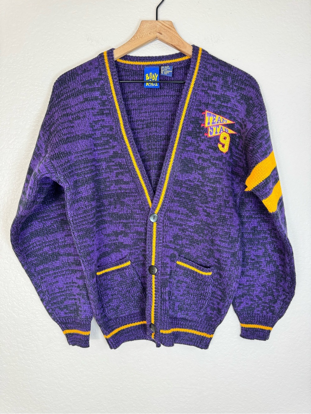 Body Ragz Vintage 80’s 90’s Varsity Cardigan Sweater Purple Gold Youth Large